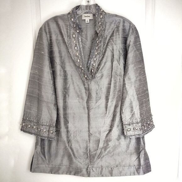 Vintage Neiman Marcus Silver Top Pullover V Neck Silk LS Beaded M - Picture 8 of 10